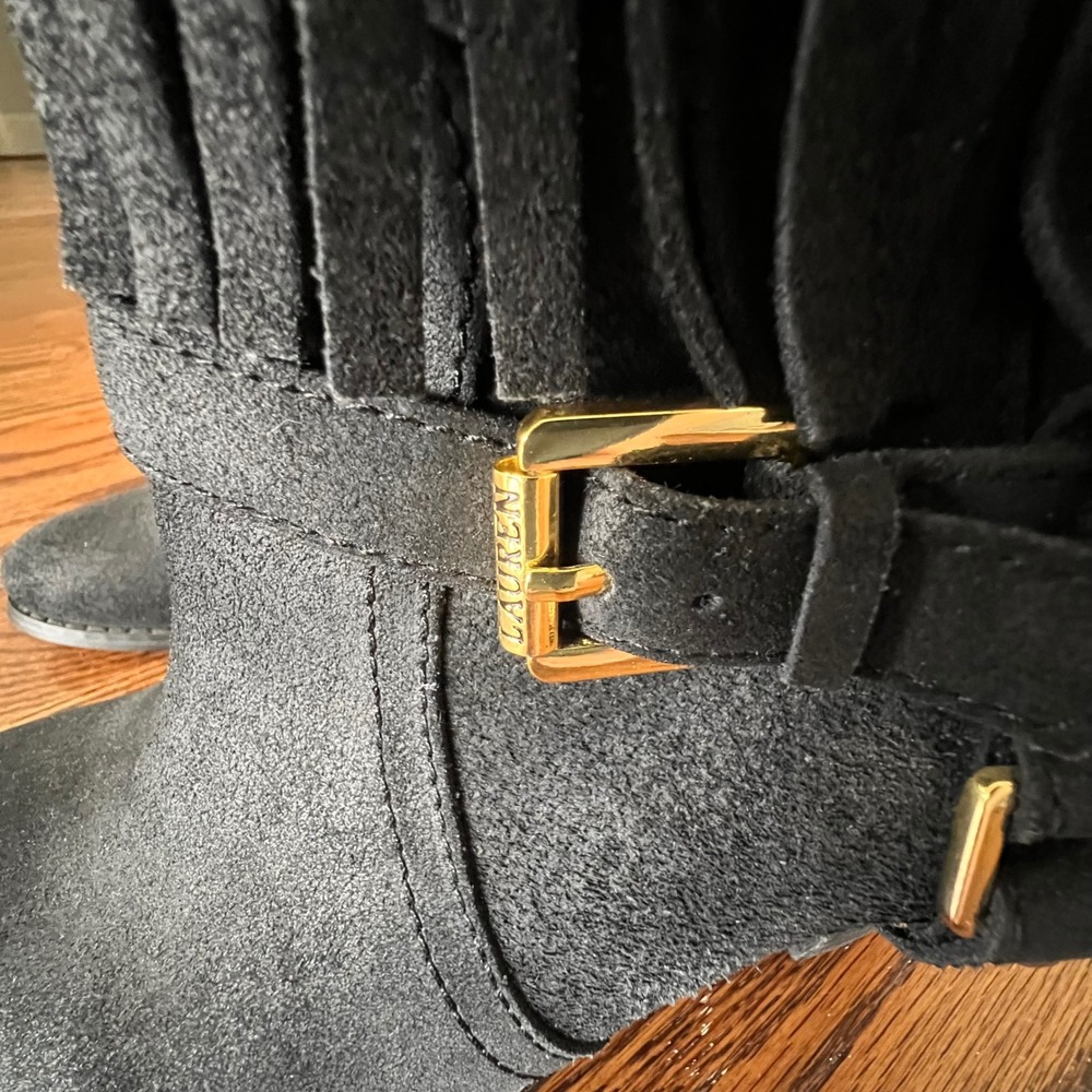 LRL Ralph Lauren Mara Black Suede Fringe Ankle Boots Gold Buckle 7.5B 11739 G14 - Picture 4 of 15